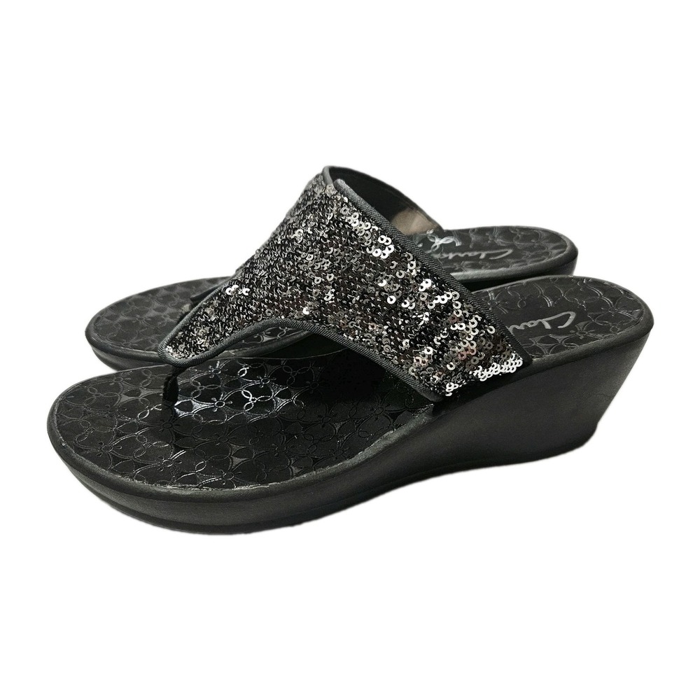 Clarks Wedge Flip-Flop Sandals W/ Pewter Sequins (Womens 9)(26065719)